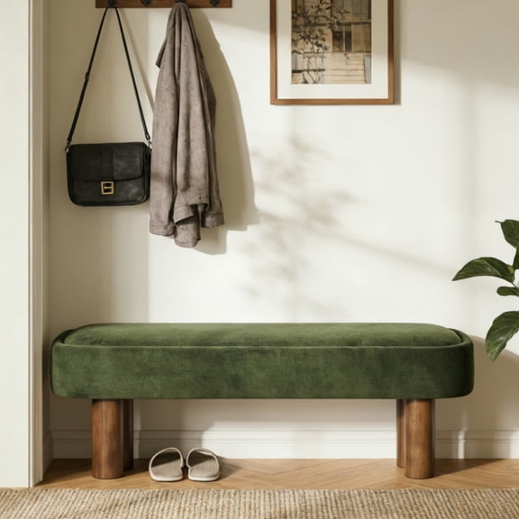Gearwell Upholstered Dining Bench, 51.57-Inch Green Fabric Kitchen Bench with Walnut-Finish Legs, 250 lb Entryway and Dining Room Seating for Living Space