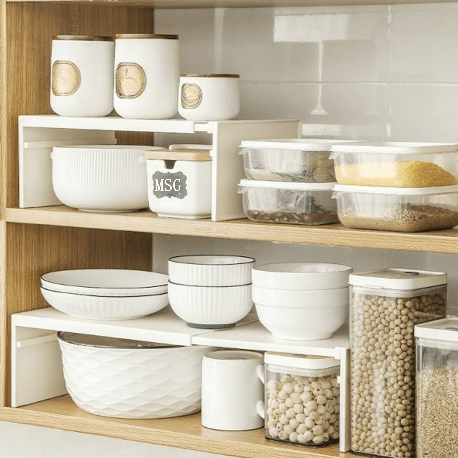 Bxaolu Cabinet Shelf Expandable 4.94" Height Organizer Riser for Kitchen Cabinet Pantry Cupboard Under Sink Countertop Organization Storage Space Saver Stackable Heavy Duty Plastic Shelf, White