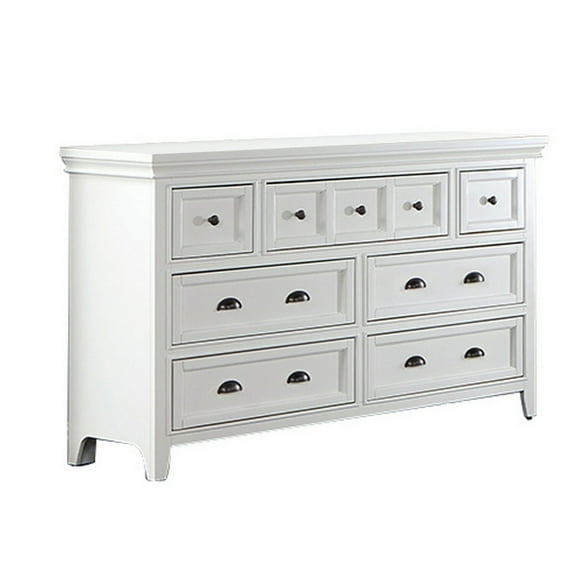 Benjara Cile 56 Inch Dresser, 7 Gliding Drawers, White Wood, Round Nickel Handles