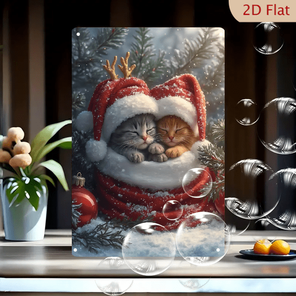1pc Metal Wall Sign, 8x12 Inches, Cute Sleeping Kittens in Santa Hats Decorative Sign, Perfect for Holiday Home Decor, Christmas Themed Decorations, Ideal for Living Room