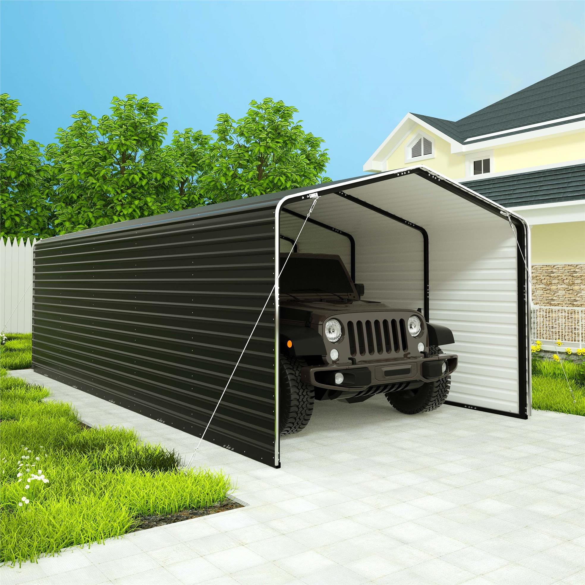 ALEKO Steel Carport with Corrugated Roof and Sidewall Panels 12 x 26 ft  Black
