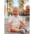 thumbnail image 4 of BemeyourBBs Newborn Baby Boy Gentleman Outfit Infant Baby Boy Summer Clothes Bubble Romper Fake Two-Piece Short Sleeve Turn-down Collar Plaid Bodysuit Playsuit with Bowtie Baptism Day Church Outfit, 4 of 9