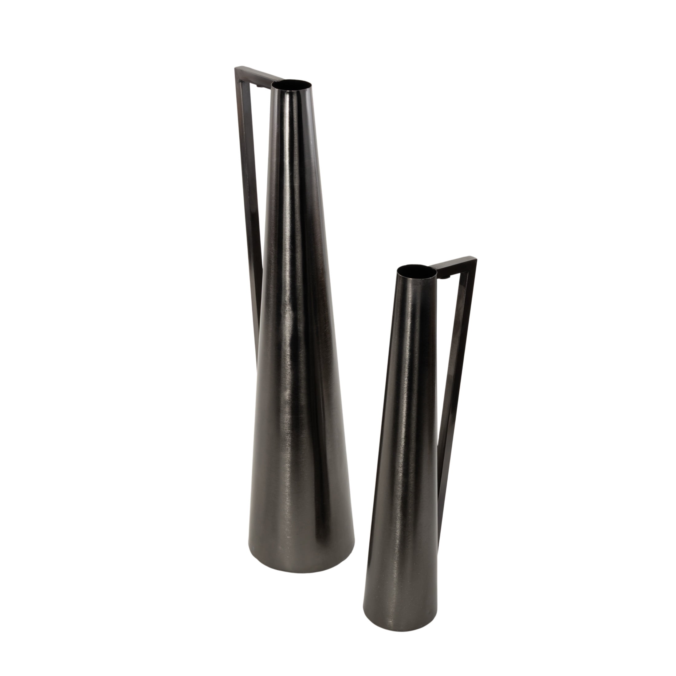 DecMode 17", 22"H Slim Cone Dark Gray Metal Vase with Extended Handles, Set of 2