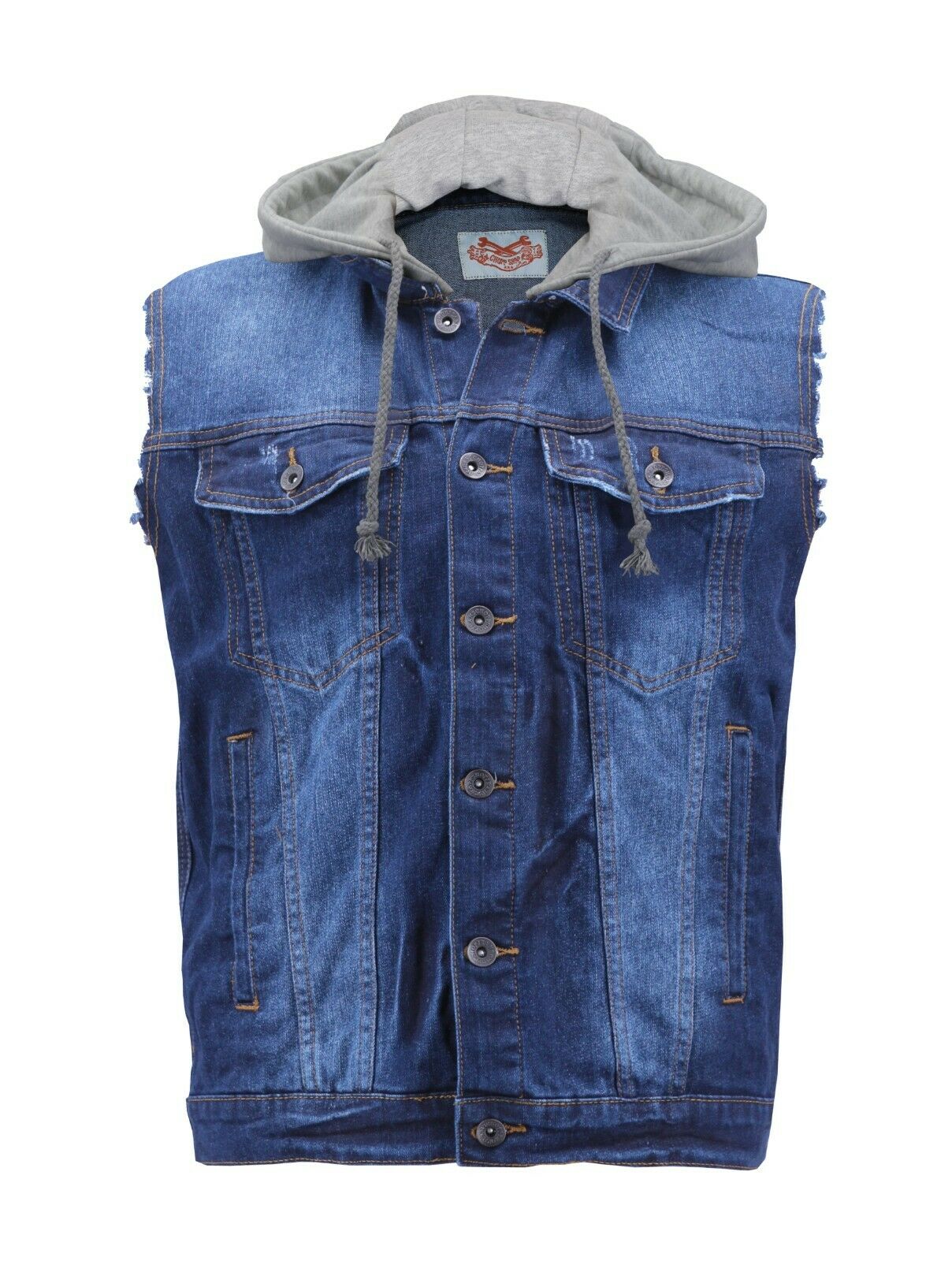 CS Men's Ripped Distressed Button Up Denim Jean Vest With Removable Hood (Dark Blue, 2XL) - image 1 of 1