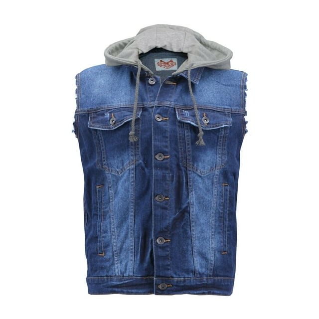 CS Men's Ripped Distressed Button Up Denim Jean Vest With Removable Hood (Dark Blue, 2XL)