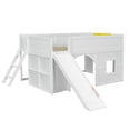 thumbnail image 6 of Full Size Low Loft Bed, Playhouse Loft Bed with Slide & Storage Shelves, Fun Fort Bed with Door & Window, All-in-One Wooden Bed with Sleeping & Play Area, White, 6 of 8