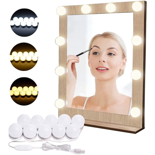 Lámpara de luz LED para espejo, iluminación de espejo cosmético, 10 pasos de brillo y 3 modos de color, 10 luces LED de espejo, maquillaje, bombillas USB Hollywood (espejo no incluido)... Zhivalor BST3079895