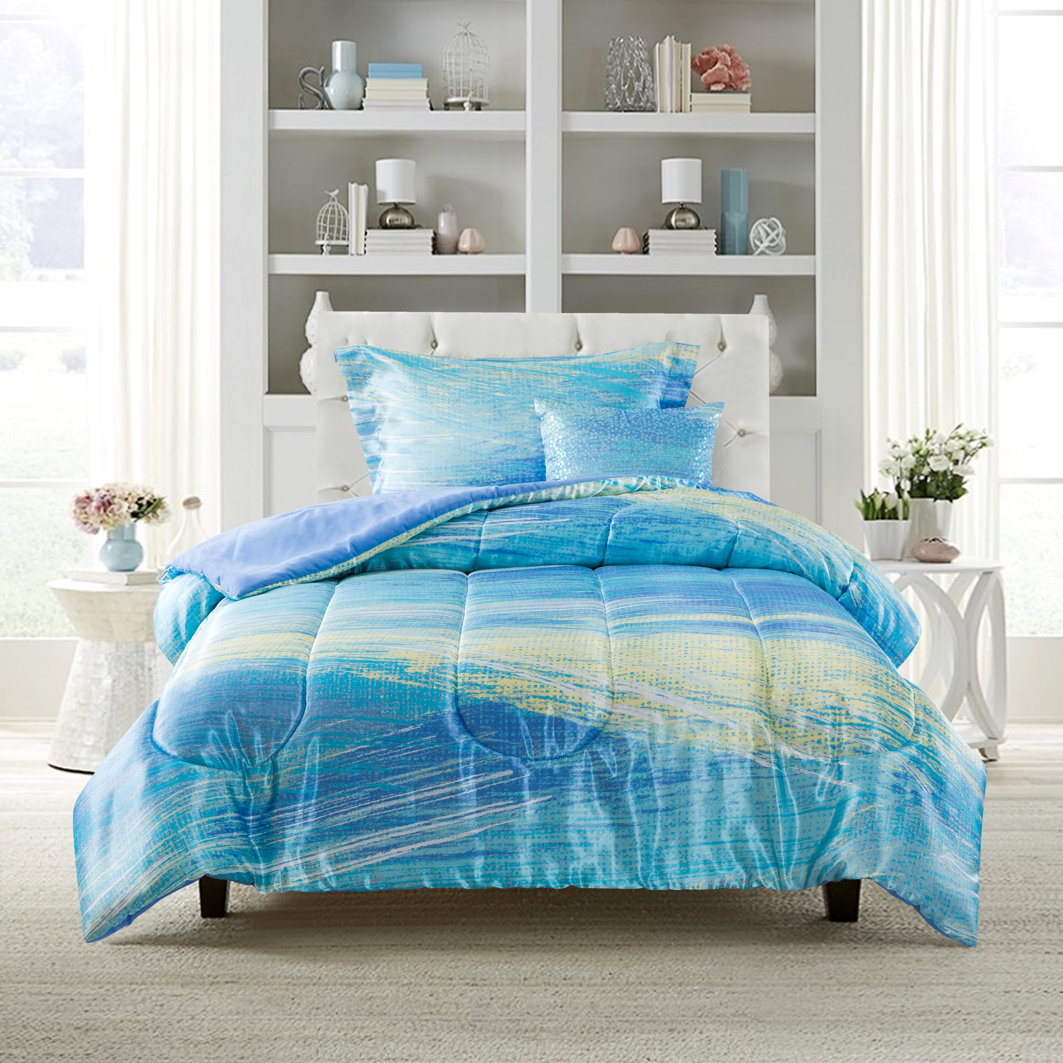 Mainstays Sparkling Strokes 3-Piece Comforter Set with Bonus Decorative Pillow, 
