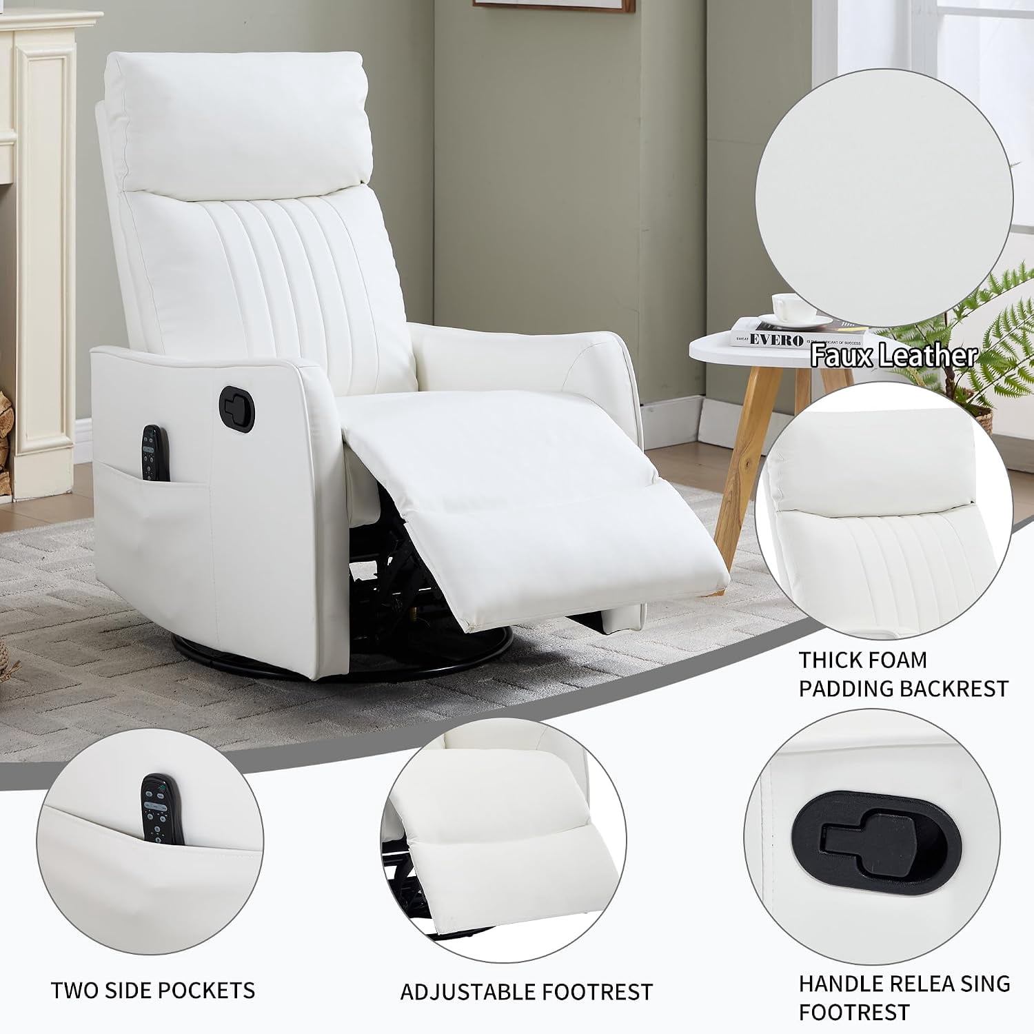 High Back Manual Recliner Chair with Heat & Massage, Swivel Rocker for Living Room Bedroom, White