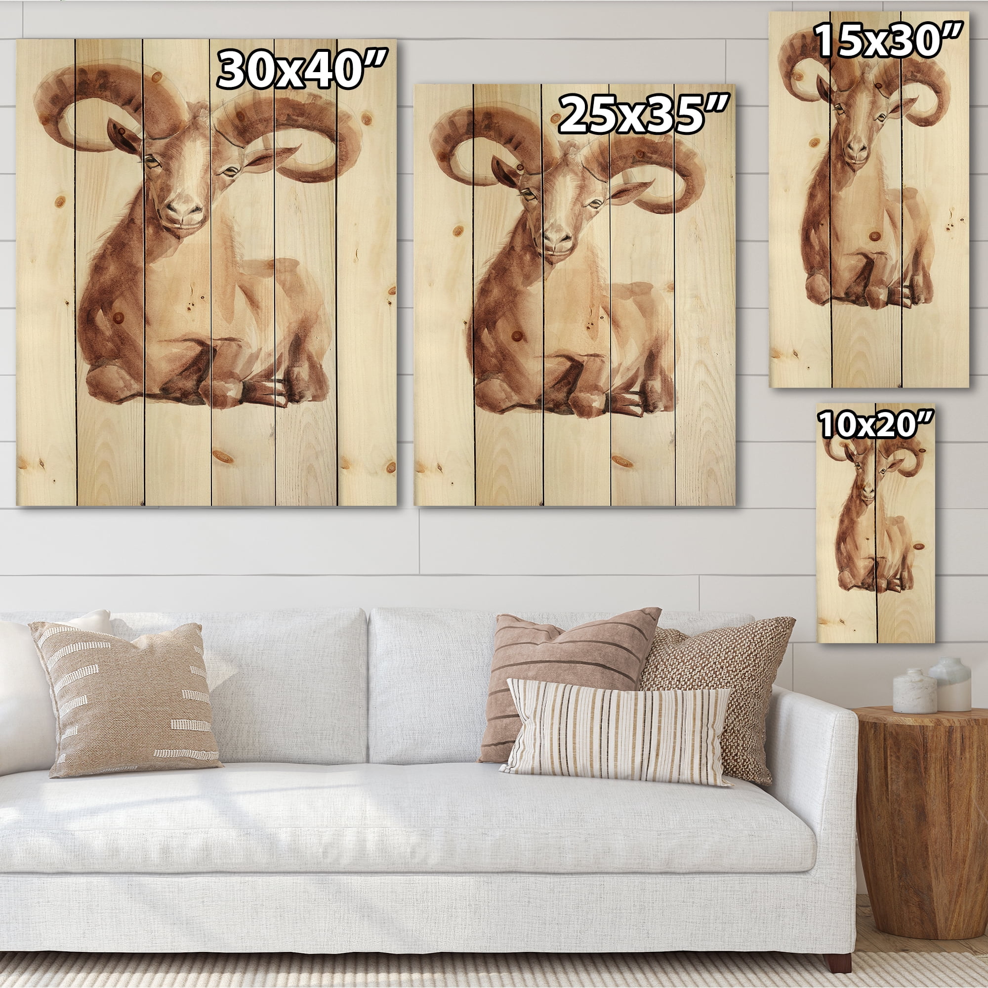 Designart 'Abstract Portrait of Wild Ram With Mighty Horns II' Farmhouse Print on Natural Pine Wood