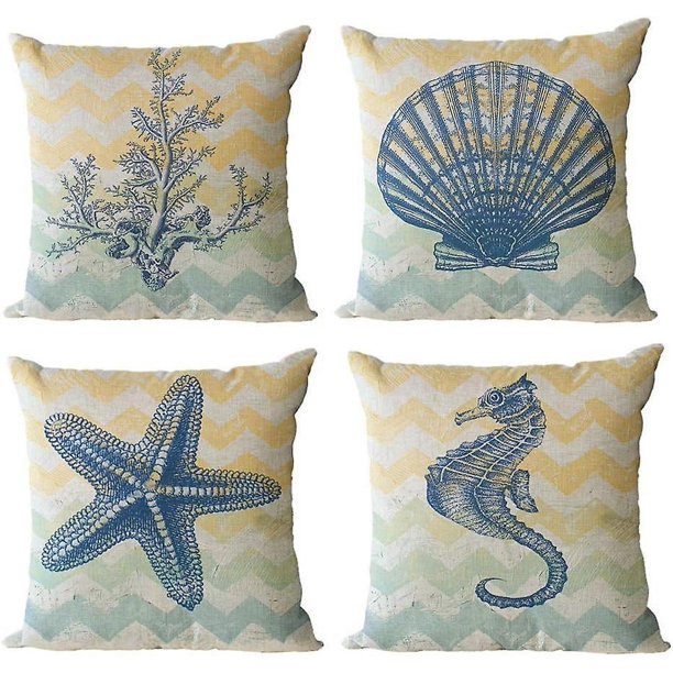 Fundas de almohada de playa, paquete de 4 fundas de almohada náuticas de lino y algodón, funda de cojín costera con tema marino, 18.0 x 18.0 in