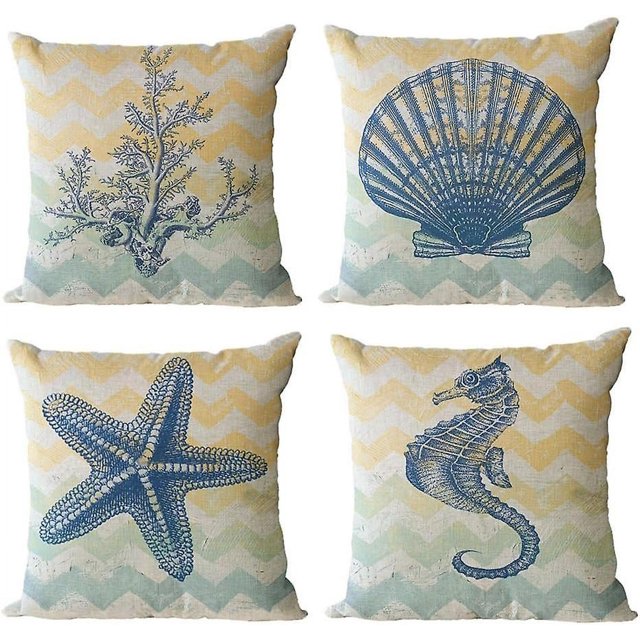 Fundas de Almohada de playa YONGSHENG Paquete de 4 fundas de Almohada náuticas de lino y algodón 18.0 x 18.0 in