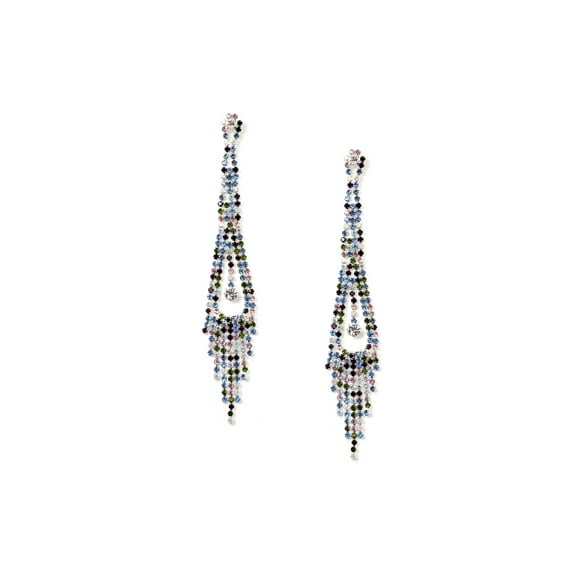 Silver Multiple Color Rhinestone Long Multi Strands with Teardrop Center Design Dangle Earrings