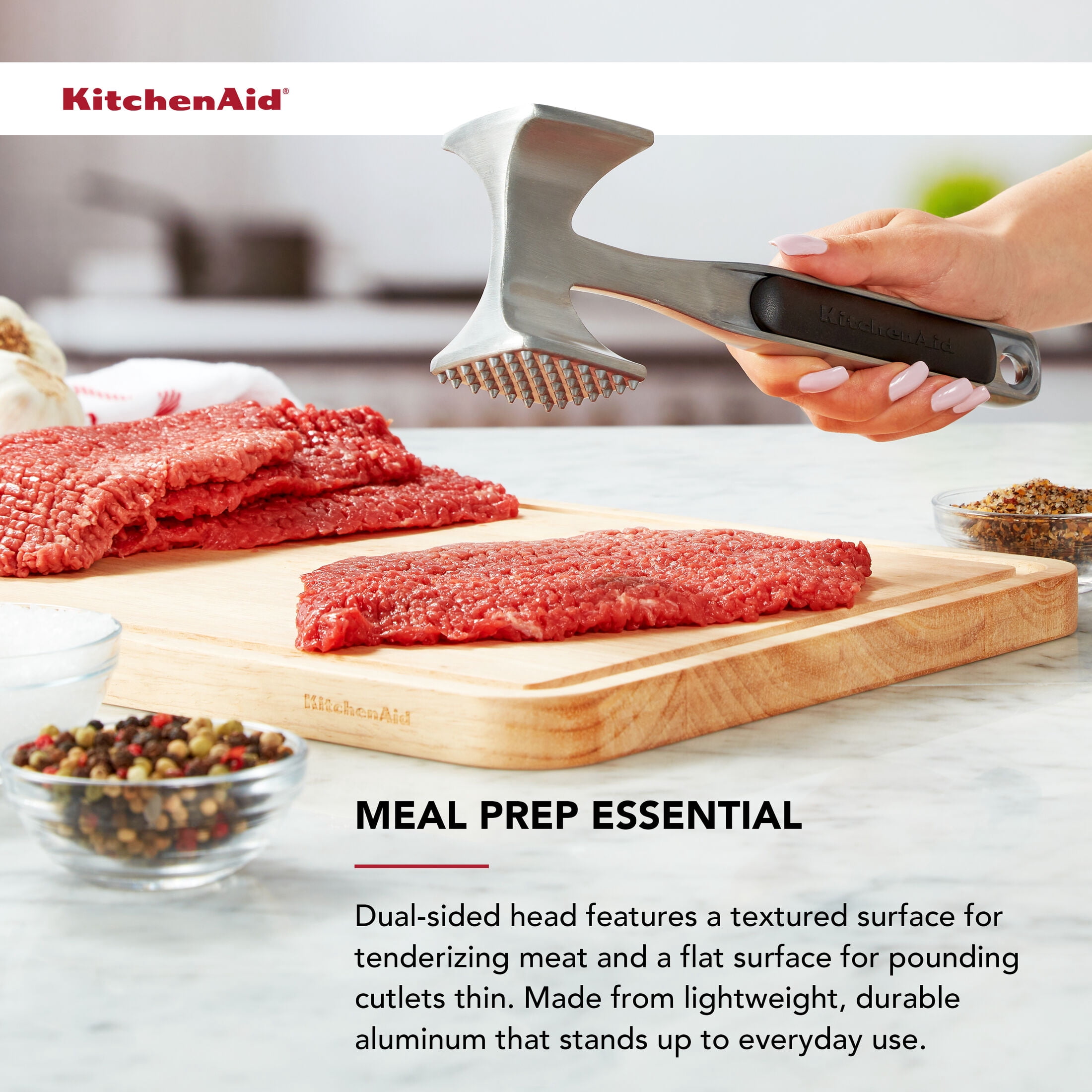 KitchenAid Cast Aluminum Meat Tenderizer Tool Dual-Sided Kitchen Mallet, Black