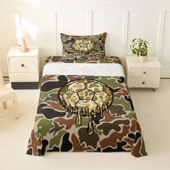 Feelyou Green Brown Drip Football Twin Sheets for Girls, Retro Rustic Camouflage Bedding, 3 Pieces, 1 Flat Sheet, 1 Fitted Sheet and 1 Pillowcase