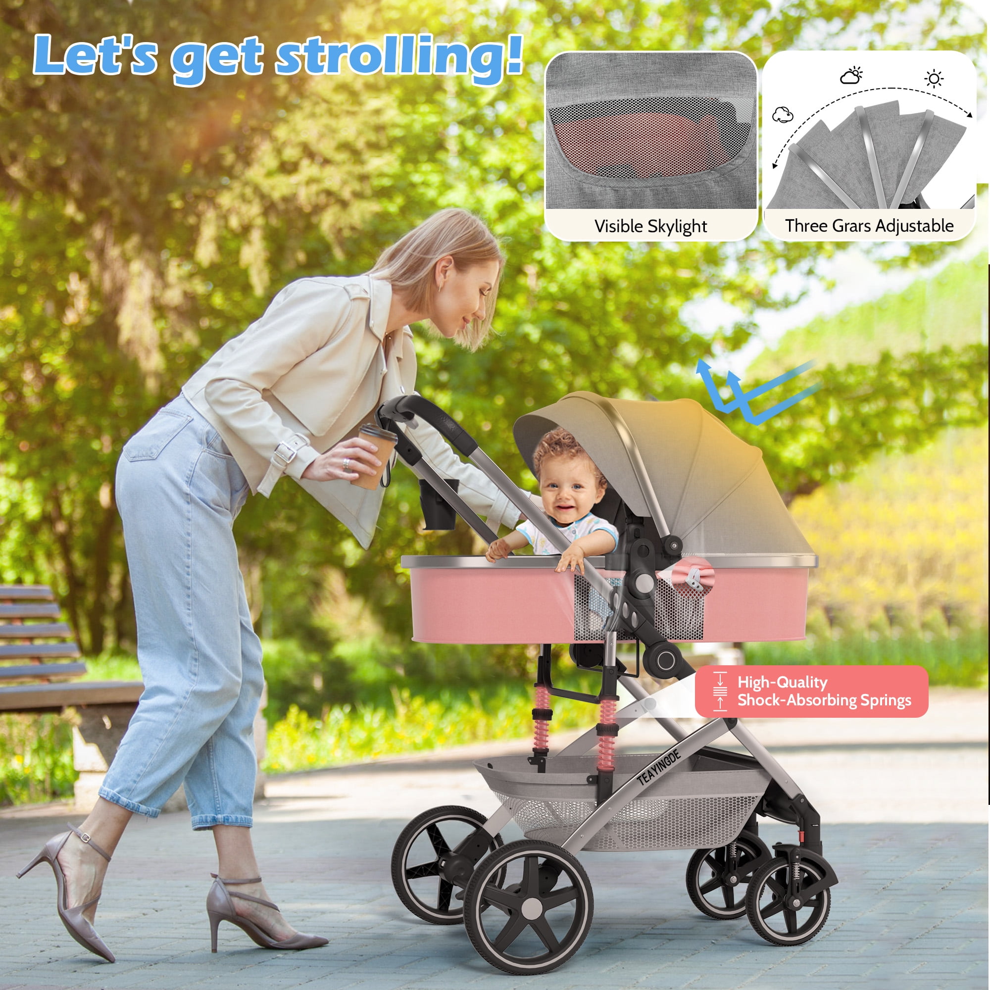 babyeap 2 in 1 Baby Stroller, Foldable Lightweight Carriage Reversible Bassinet Pram for Toddler, Travel Stroller with Cup Holder, Storage Bag, Pink