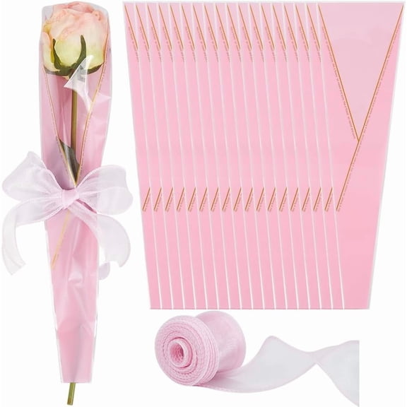 100Pcs Flower Bouquet Bags Pink Floral Bouquet Packaging Paper Sleeve Plastic Wrapping Bags 10 Yards Polyester Mesh Ribbon for Florist Christmas Valentine's Day Gift Wedding 14x4 Inch