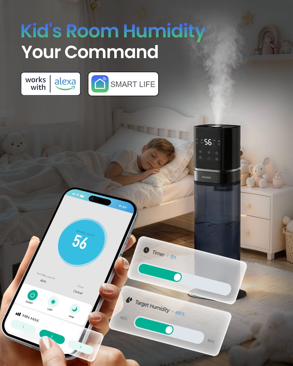 Smart Humidifier Large Room, 2.1Gal/8L Humidifiers for Bedroom with Extended Tube&Night Light, Whole House Cool Mist, Dark Blue