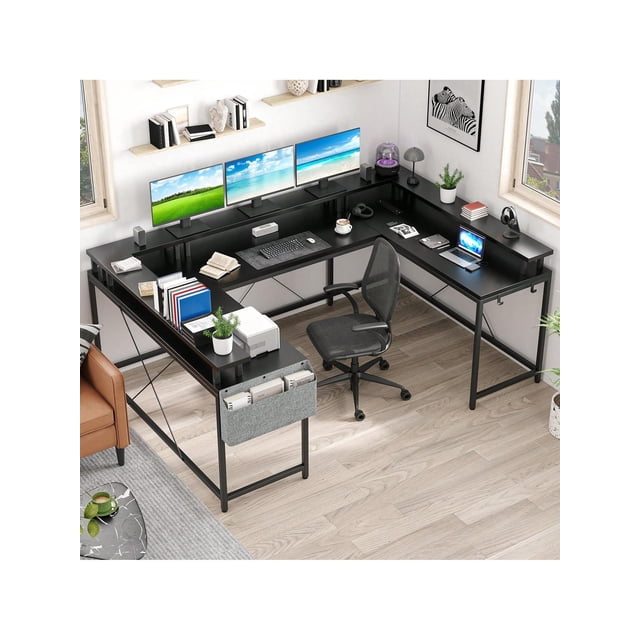 Bingirl Bureau de Jeu en Forme de U de 126 Pouces : avec Support pour Moniteur, Lumières DEL, Forme Réversible, Prises de Courant, Sac de Rangement et Crochets - Idéal pour un Grand Bureau d'Angle