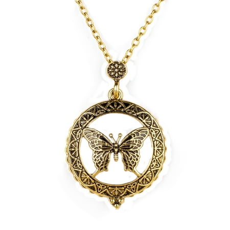 Vintage Cameo Locket (Butterfly Hollow out Locket Vintage Magnifying Glass Necklace Anti-Tarnish Pendant Antique Gold Jewelry,)