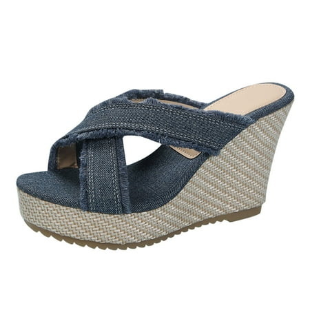 OJSFQUFP Womens Sandals Women s Summer Fashion Open Toe Thick Bottom Slope Heel Denim Sandals Slippers Out Beach Slippers Shoes for Elderly Women Sky Blue 37