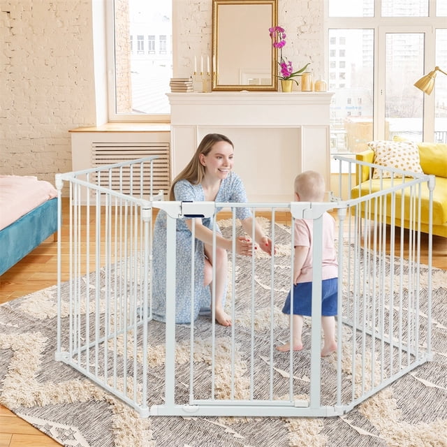 Costway Verja de Metal 5 en 1 Regulable para Niños Cerca Barrera de Seguridad con Puerta para Chimenea Mascotas Blanco 58 x 74 cm