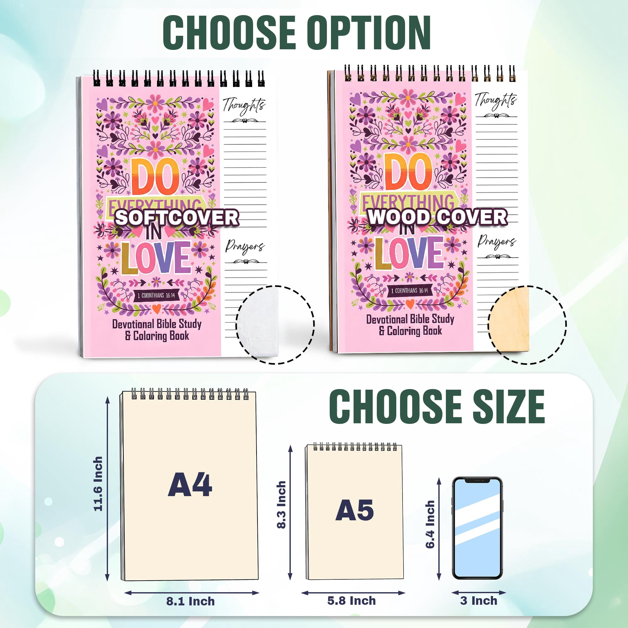 Do Everything in Love Bible Verse Coloring Book for Adults, 30 Scripture Art Pages with Reflection & Prayer Space, Spiral Bound, A4 or A5 Softcover or Wood Cover