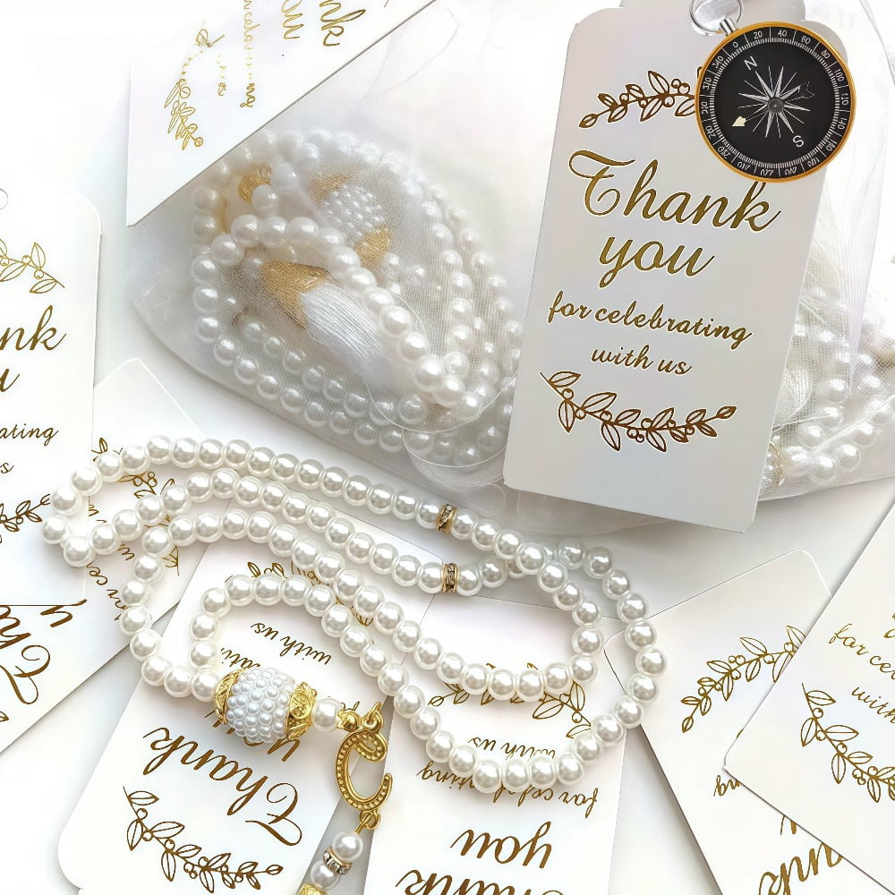 12 Sets Prayer Beads Favor Set, Pearl Beaded Bracelet with Crescent Moon Charm, Thank You Tags and Organza Bags, Baptism Religious Celebration Gift Supplies for Wedding Party Guests