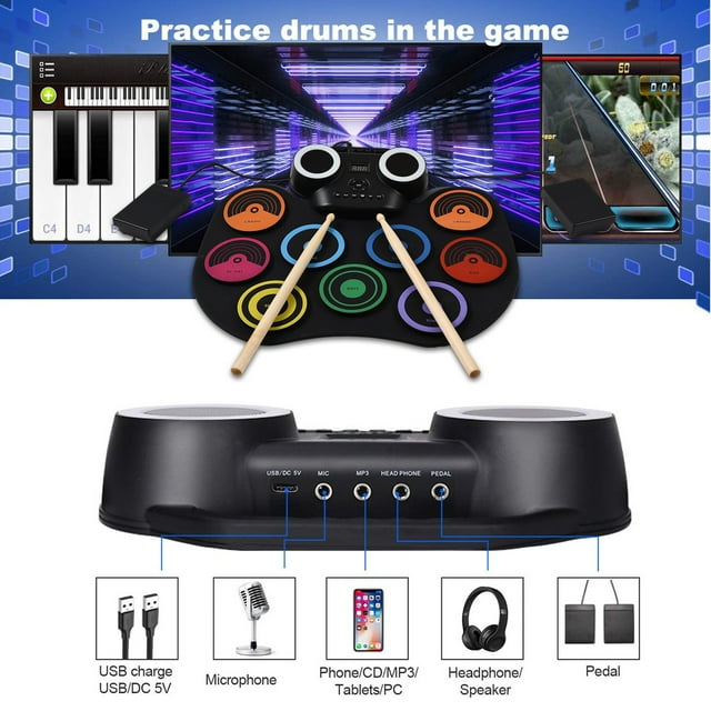Ensemble de Tambours Électriques Portable 9 Pcs avec Haut-Parleur Intégré Écran LED avec Lumières Colorées 2 Pédales USB Ou Alimenté par Batterie Musicale
