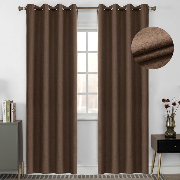 Lino Cortinas Blackout con Aislamiento Térmico, 100% Blackout y Ojal Superior Cortina para Recámara y Ventana de Sala, Capa Trasera de Revestimiento Gris, 2 Paneles, 132 x 213.3 cm, Marrón