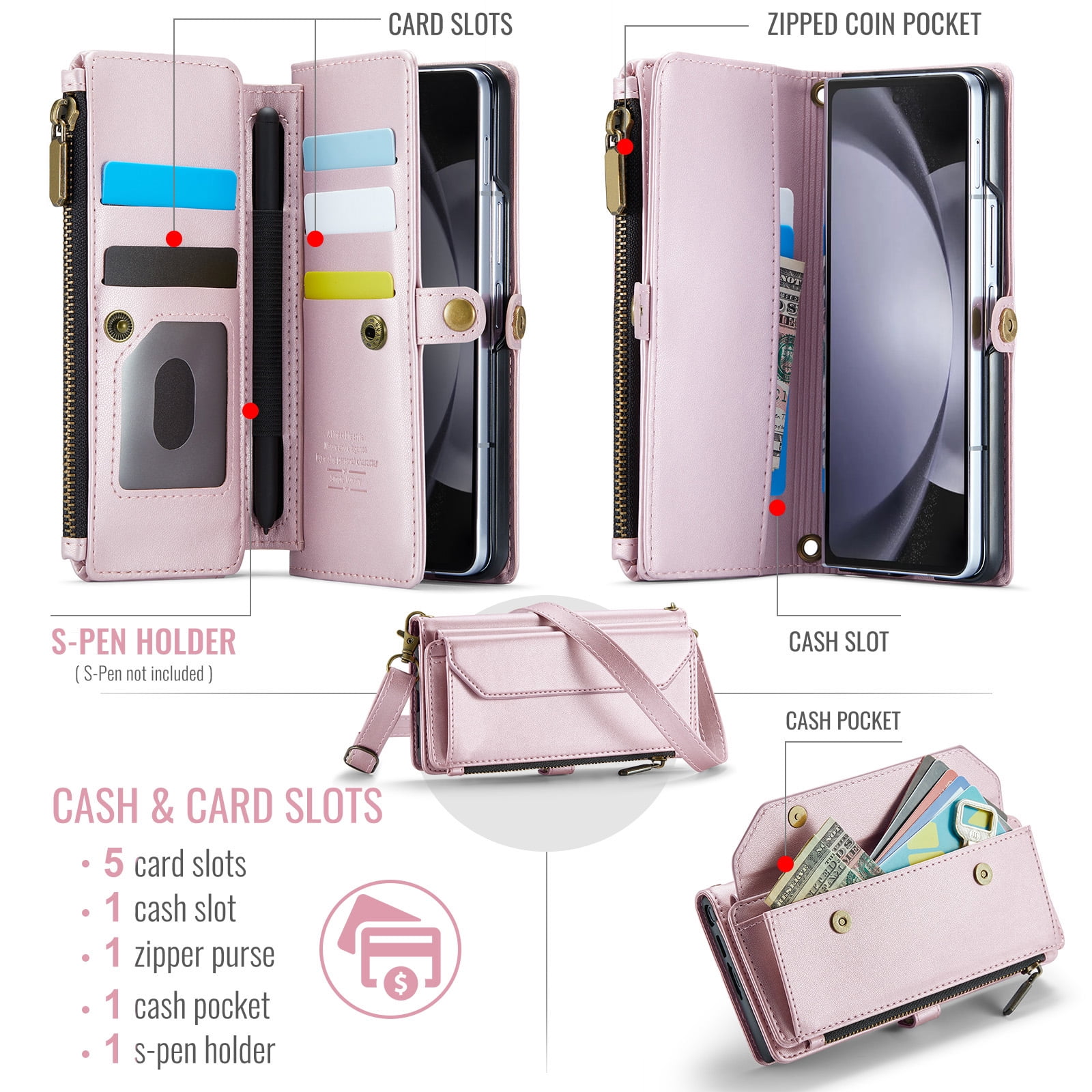 Asuwish Compatible with Samsung Galaxy Z Fold 5 5G 2023 Zipper Wallet Phone Case With pen slot Crossbody Lanyard Strap Flip Card Holder Slot Cell Cover for ZFold5 Z5 G Fold5 5Z Women Girls Rose Gold