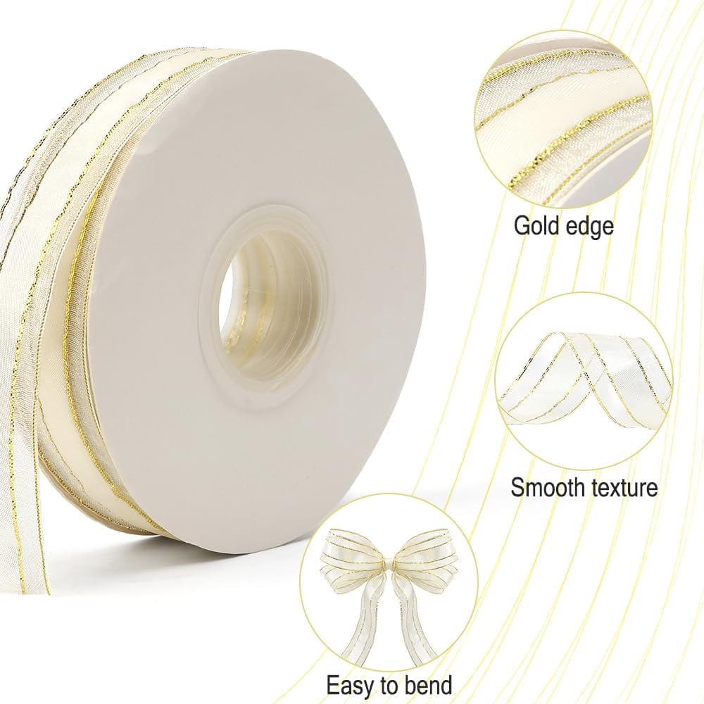 White Organza Ribbon 50 Yards 1 Inch Gold Edge Sheer for Gift Wrapping DIY Craft Christmas Tree Wedding Party Decoration Flower Bouquet Hair Bow Making Ribbons