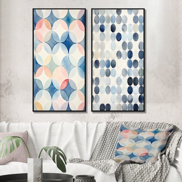 Designart "Circular Retro Watercolor Indigo Secrets V" Modern Geometric Framed Wall Art Set Of 2 - Modern Blue Framed Wall Art Set Of 2