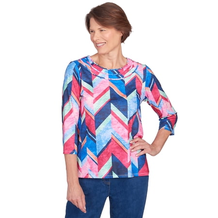 Alfred Dunner Womens Petite Triple Notch Neck Geometric Top