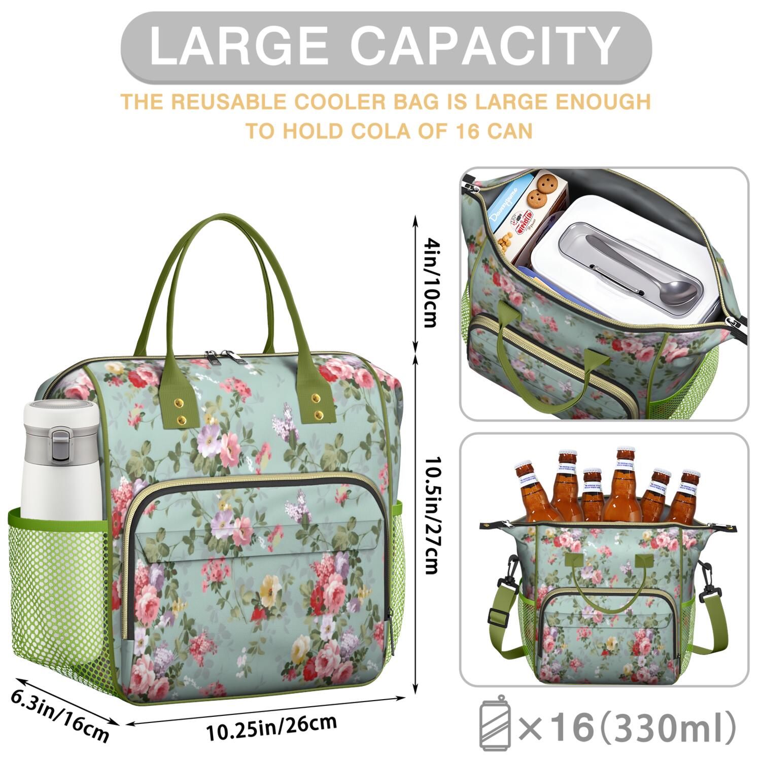 Pioneer Flower Floral Print Pattern Womens Lunch Box for Work,Insulated Large Lunch Bag for Tween and Teen,Loncheras Para Mujer,Leakproof Adult Lunch Bag for Work,Beach,Travel,Picnic,Camping