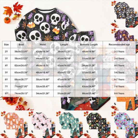 TOWED22 Kids Halloween Skeleton Pajamas Cotton Pumpkin Ghost Print Sleepwear Toddler Girls Boys Skull Halloween Pjs Sets(Purple,3-4 Y)