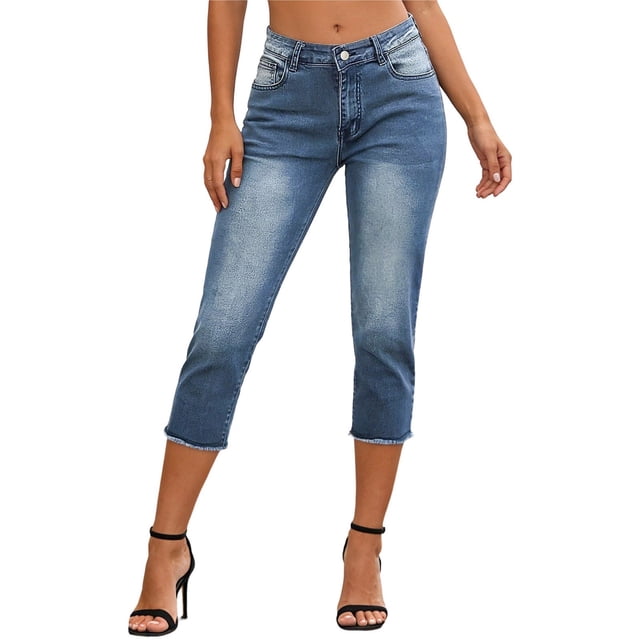 Jeans Capri pour Femmes 2026, Denim Extensible, Ourlet Usé, Jambe Droite Délavée, Pantalon Décontracté Mode