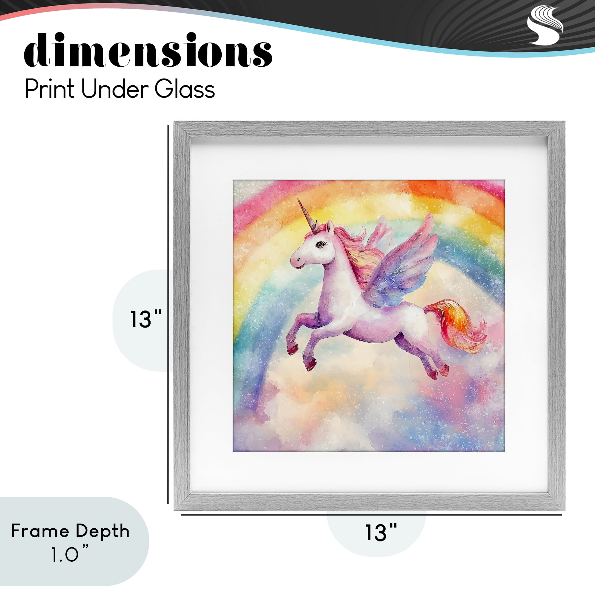 Stupell Industries Flying Unicorn In Rainbow Sky Gray Framed Print Under Glass, design by Creative Studio