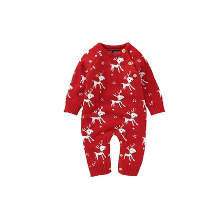 

TheFound Newborn Baby Girls Boys Christmas Outfit Long Sleeve Knit Deer Romper Bodysuit Jumpsuit Xmas Fall Clothes