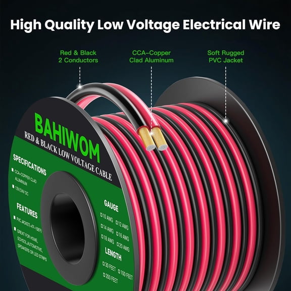 YNTVV-10 Gauge Wire 30FT 12V/24V DC Low Voltage Electrical Wire 2 Conductors Cable Flexible PVC Jacket Copper Clad Aluminum Extension Cord for Speaker, LED Strips, Automotive,Business