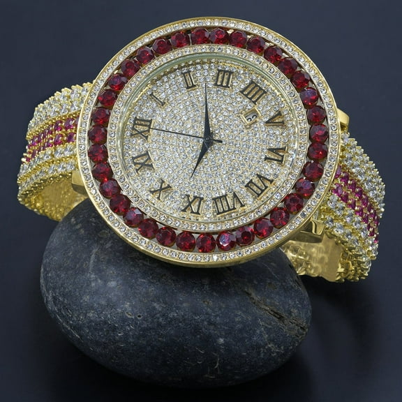 Ruby Red Roman Numeral Dial Big Face Simulated Diamond Gold Tone Mens Jo Rodeo Adjustable Size Band Custom Watch