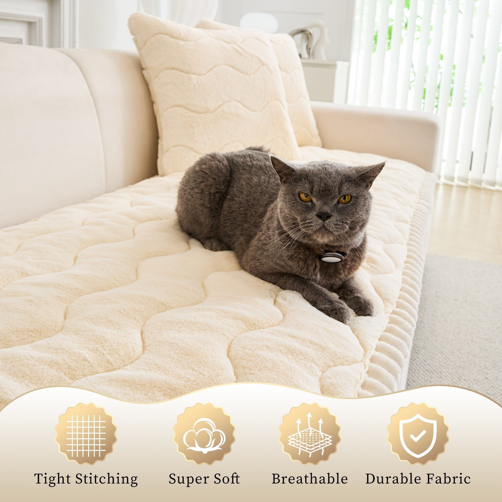 CJC Sofa Cover Fuzzy Couch Cover for Pets Dog Cat Washable Non-Slip Sofa Slipcover Cushion Protector Pets Friendly Mat (Beige, 28'' x 59'')