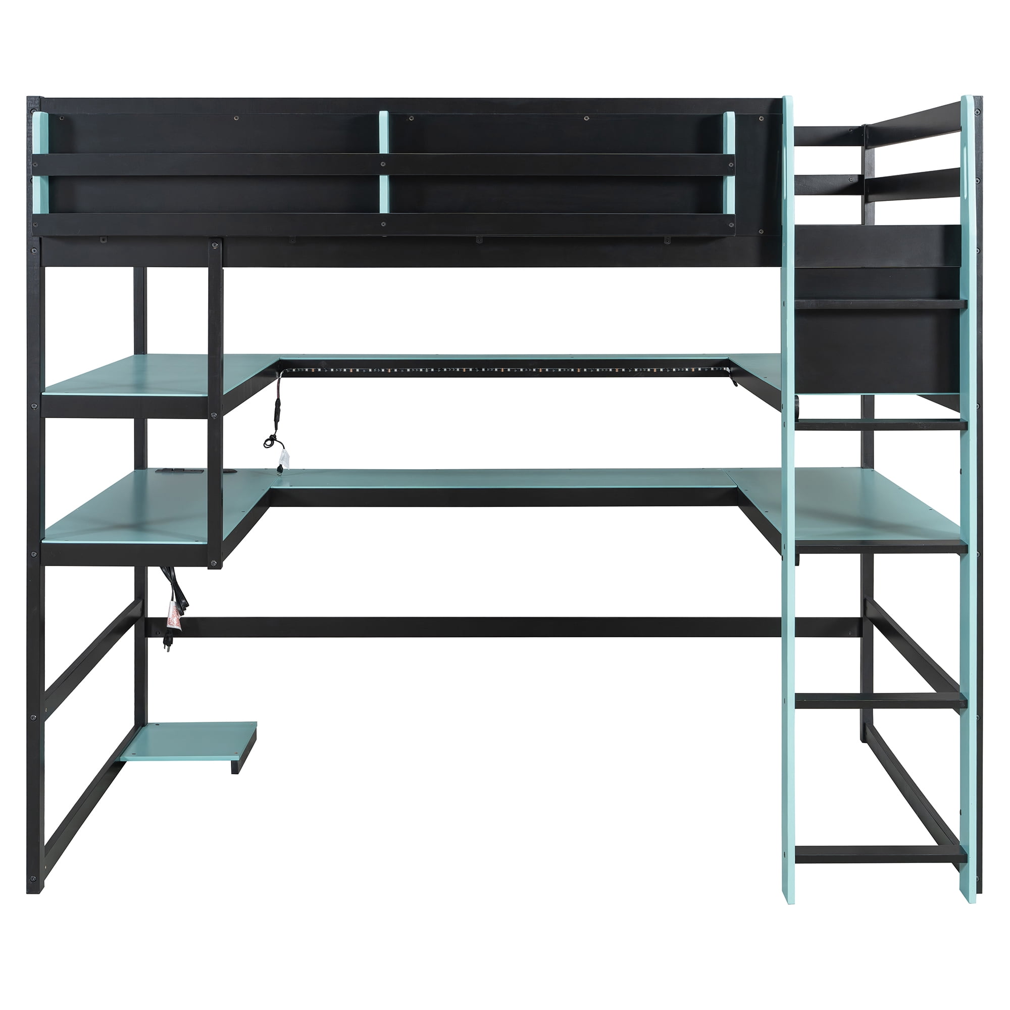 Mintazer Full Size Gaming Loft Bed with U-Shaped Desk & LED Lights, Modern Bed Frame with Shelves & Charging Station for Dorm Bedroom Apartment, Black & Blue