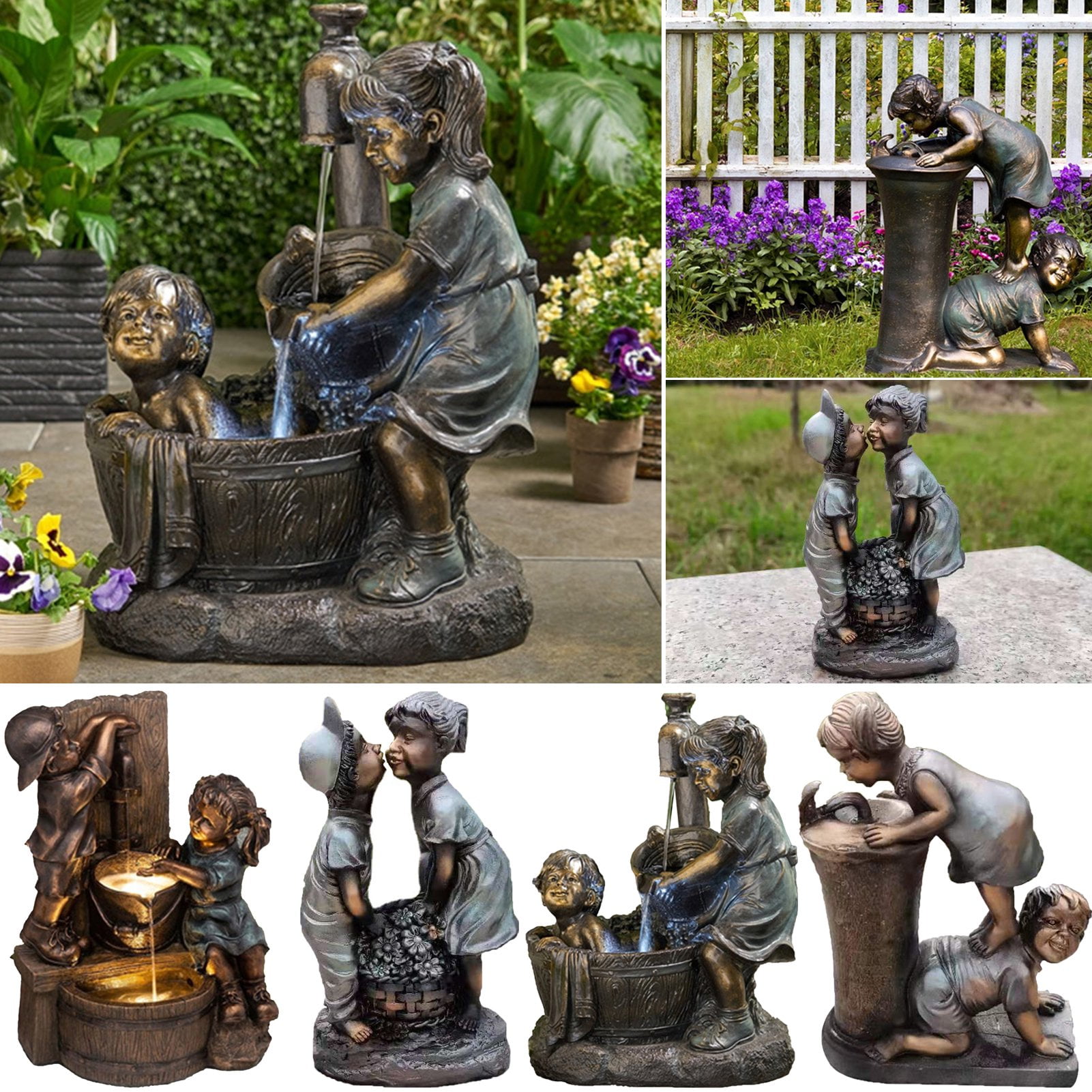 Retro Little Girl and Boy Resin Garden Statue, Exquisite Fountain