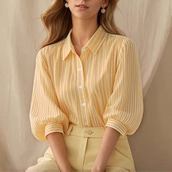 Women Striped Lapel Blouse, Loose‑Fit 3/4 Puff‑Sleeve Elegant Commuter Tops