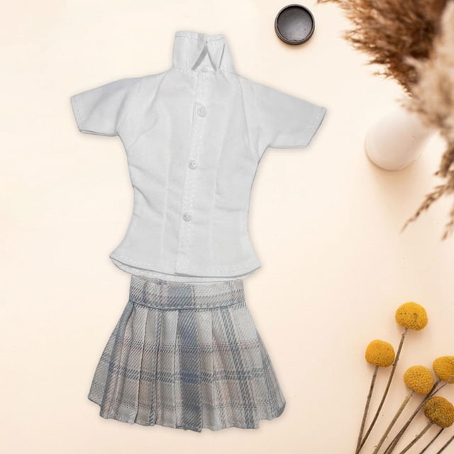 Camisa de manga corta y falda miniatura Hugo 1/6 azul blanca para muñeca femenina 12 pulgadas