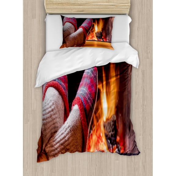 Fireplace Duvet Cover Set Twin Size, Relaxing Sweet Home Photo with Cozy Socks and Slippers Blurred Flame Background, Decorative 2 Piece Bedding Set with 1 Pillow Sham, Multicolor, by Ambesonne