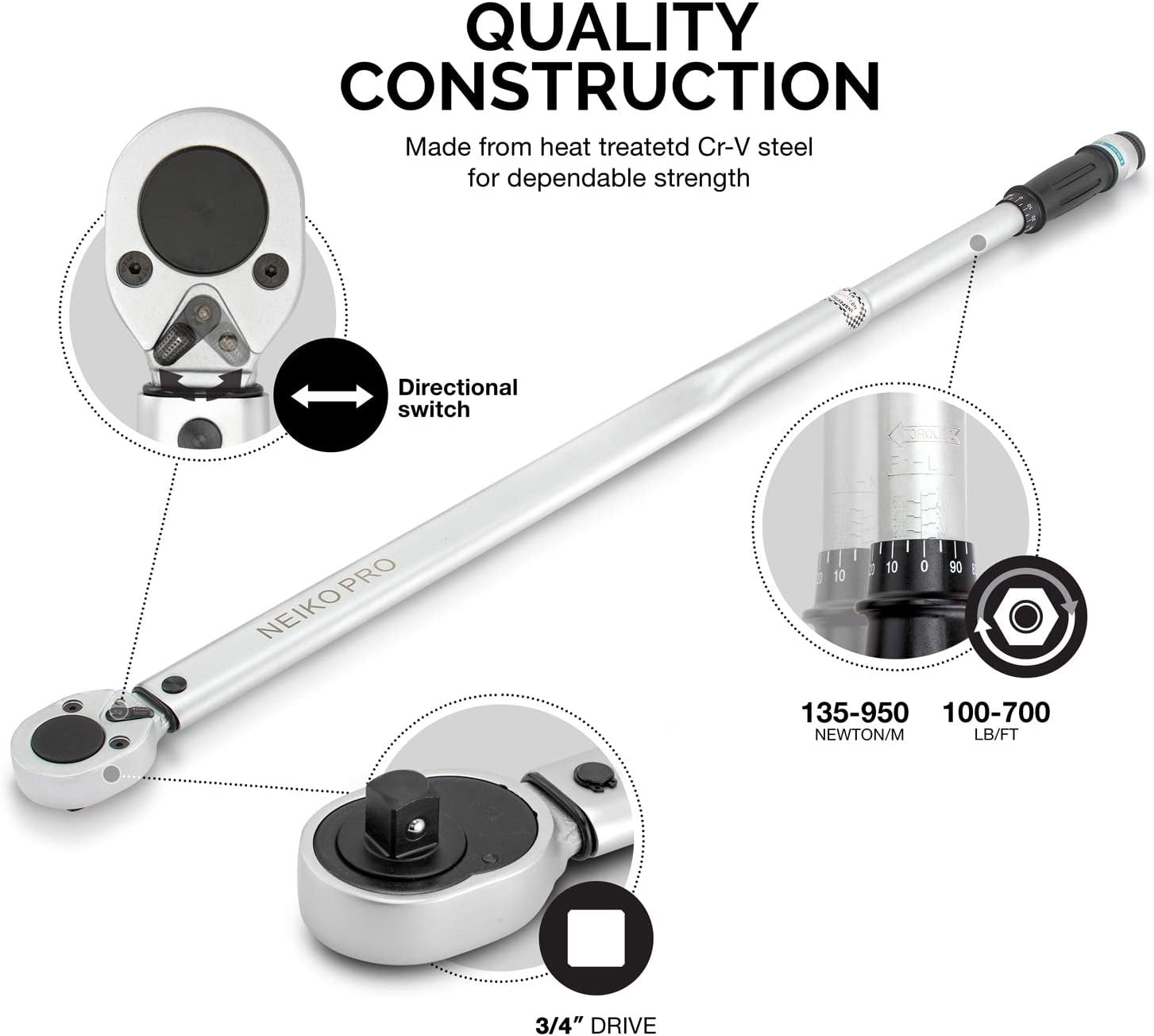 Neiko PRO 03710B 3/4-Inch-Drive Adjustable SAE Torque Wrench with Torque Click Settings of 100–700 Foot-Pound, Made with CrV Steel, 48-Inch Length