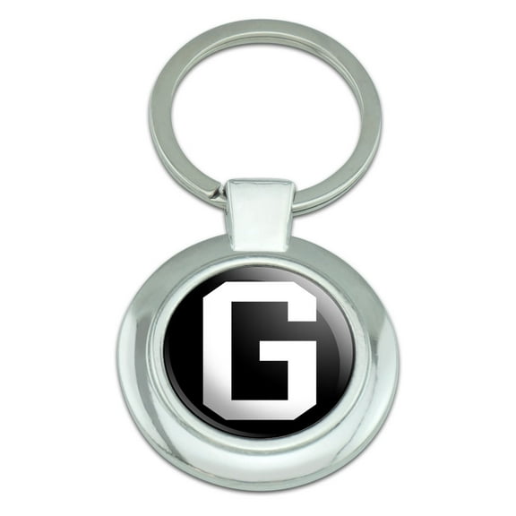 Letter G Initial Black White Classy Round Chrome Plated Metal Keychain