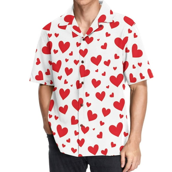 joogoo Men's Hawaiian Shirt Red Hearts Short Sleeve Casual Button Down Shirts M